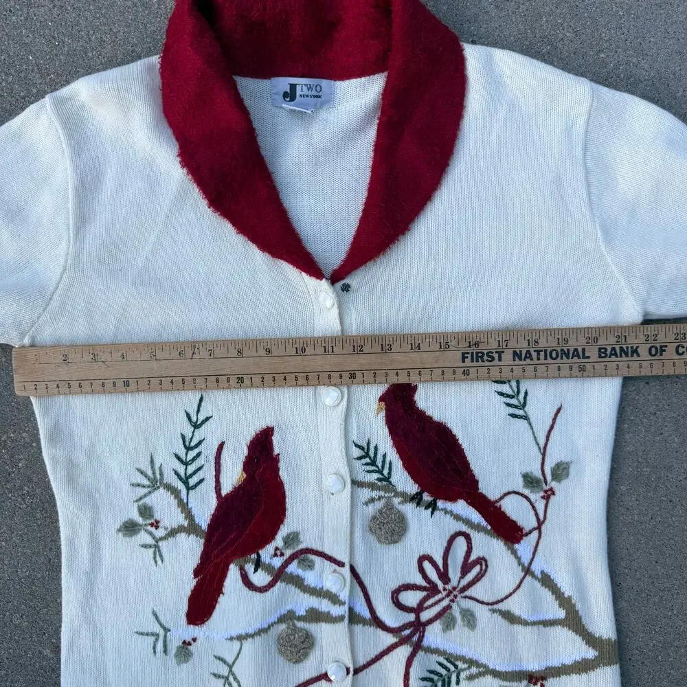 Vintage 90s JTWO Christmas Cardinals Winter Cardigan Sweater Red Collar LARGE